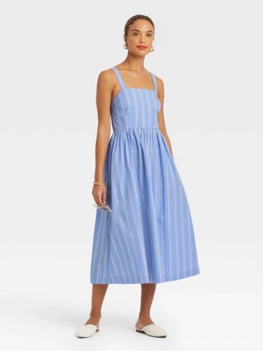 A New Day Blue White Stripe 100% Cotton Square-Neck Midi Sundress XL